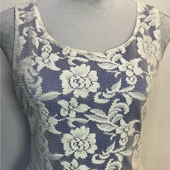 #0139 Love Culture Off White Lace Overlay Royal Blue Lining Cut-out Back Dress-L - Picture 2 of 9